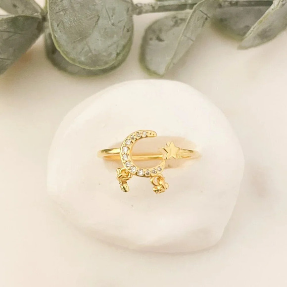 925 Sterling Silver Dangle Moon & Star Ring Gold Ring Dainty Gold Ring - Picture 6 of 7
